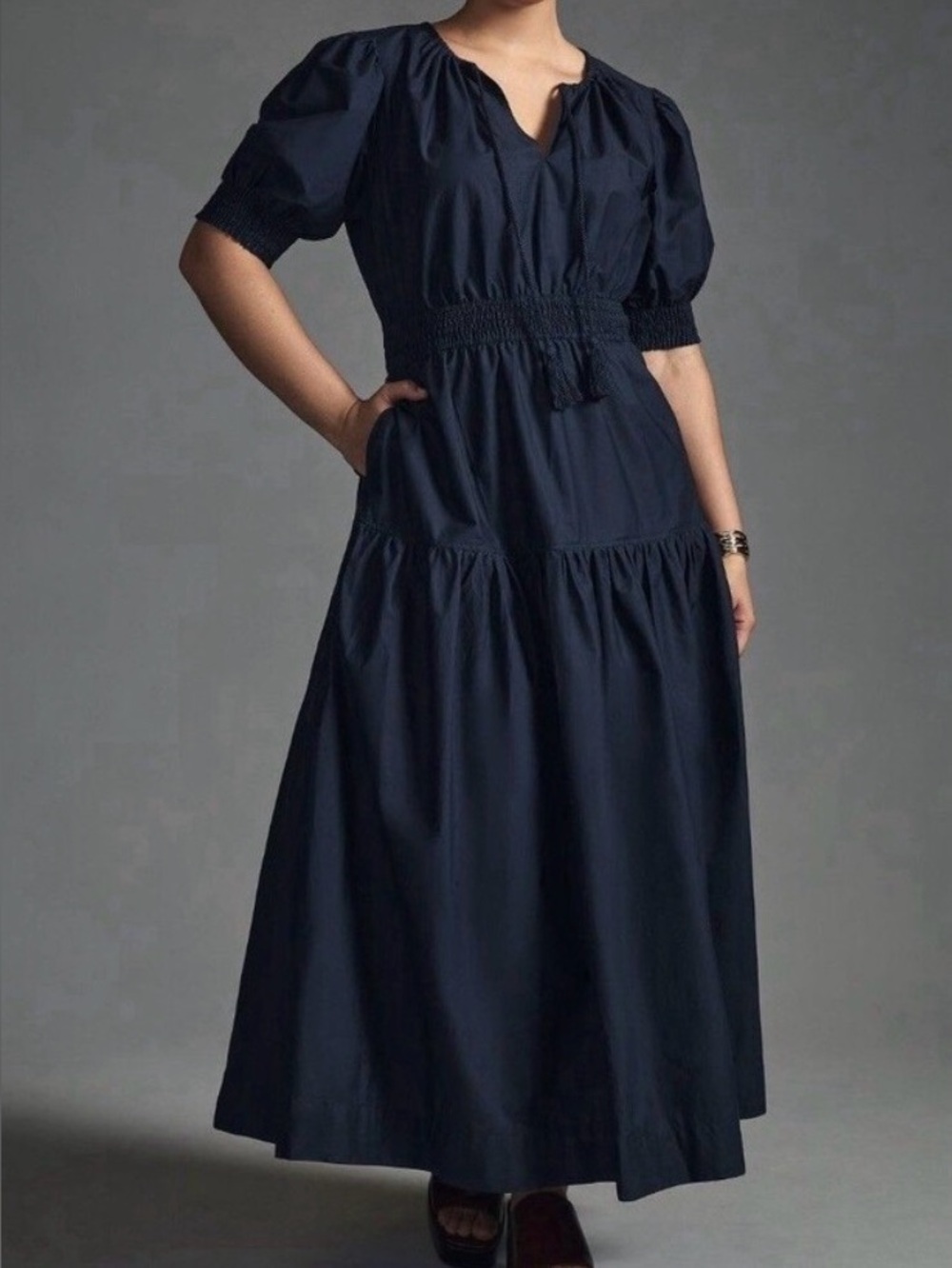MOON RIVER Anthropologie Tiered Smocked Dress Womens S Navy Puff Sleeve Tasseled